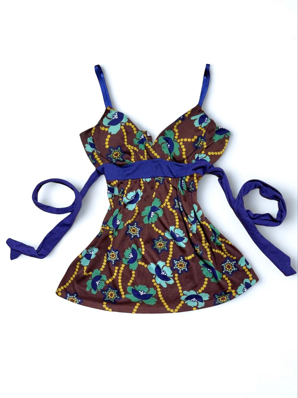 Vtg Y2K One Clothing Brown Tieback Babydoll Tank Top Yellow Green Pearl Print